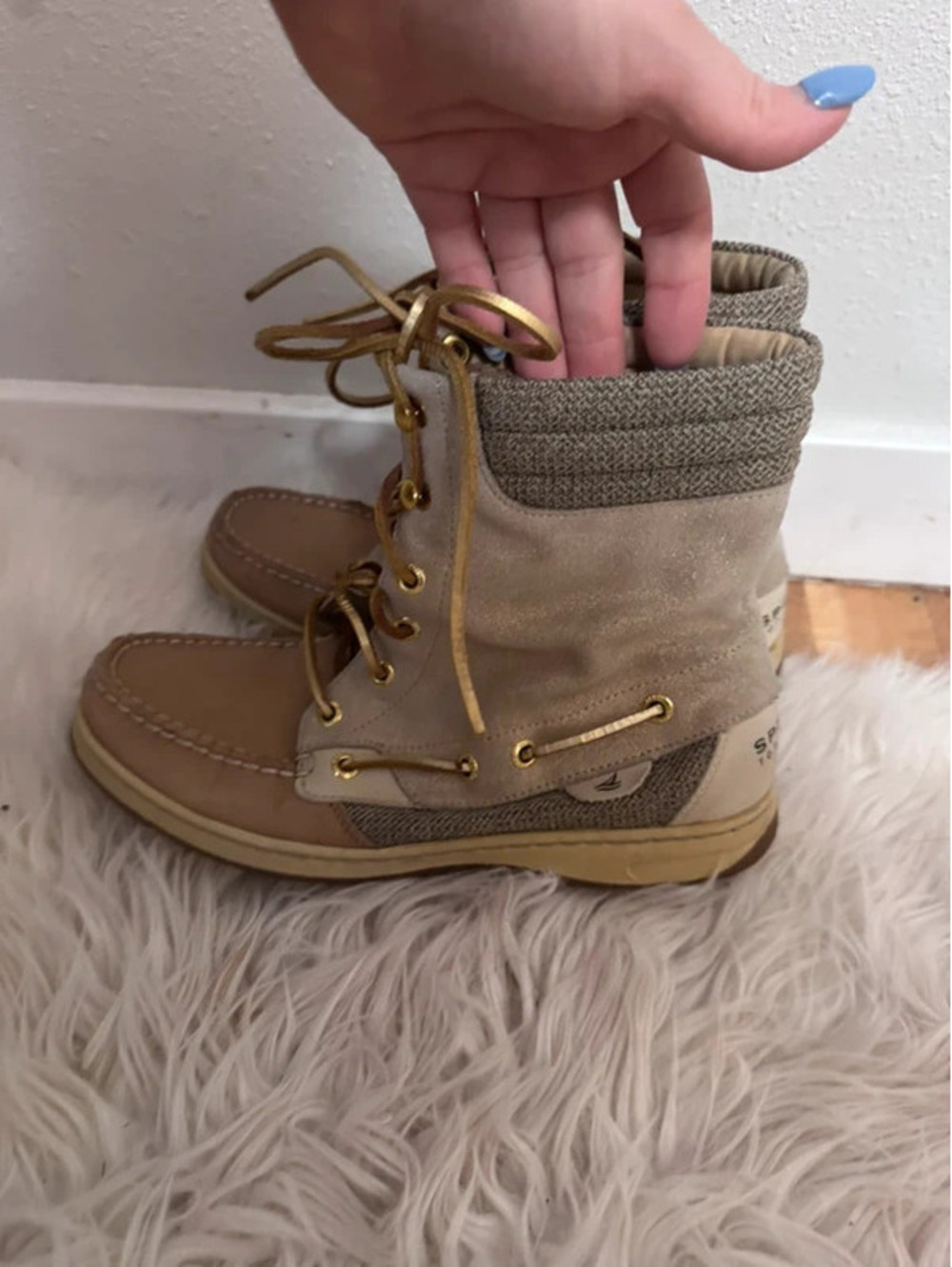 Sperry Top-Sider Women’s 7.5M Leather Duck Boots Sweater Knit Lace Up Tan Beige
